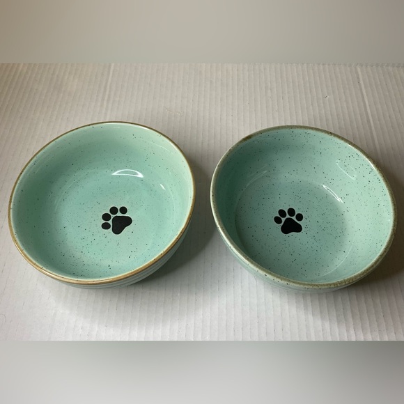 Set Pet Bowls By Signature Housewares Speckled Paw Print Teal 6” - Picture 1 of 4